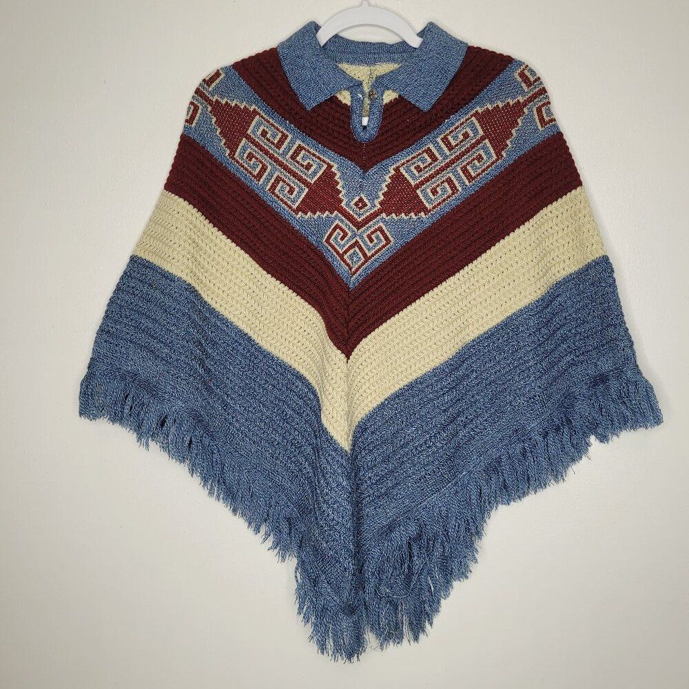 Vintage soho western rodeo colorblock knit fringe pull over poncho one size